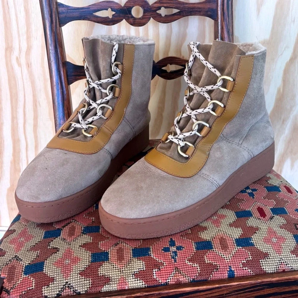 Rag & Bone Oslo Taupe Suede Shearling Lined High Top Boots women's 10.5 Gum Sole